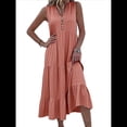thumbnail image 3 of Vestido Informal para Mujer, Sin Mangas, Cuello en V, Botones, para Playa, con Volantes Escalonados, Falda , Vestidos Midi. Color Naranja M, 3 of 9