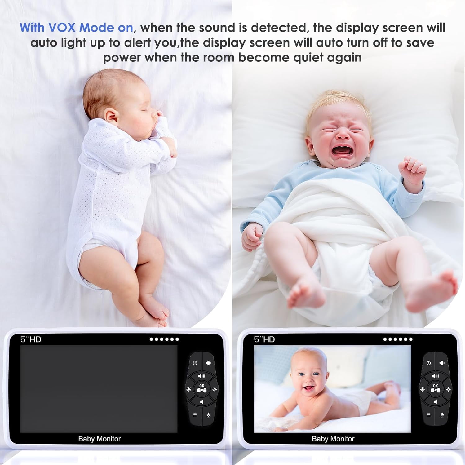 Baby Monitor with Camera and Audio, 5" IPS Display 720P HD, 4000mAh Long Battery Life, Pan-Tilt-Zoom, No WiFi, VOX Mode, Night Vision, 2-Way Audio, Temperature Sensor & Lullabies