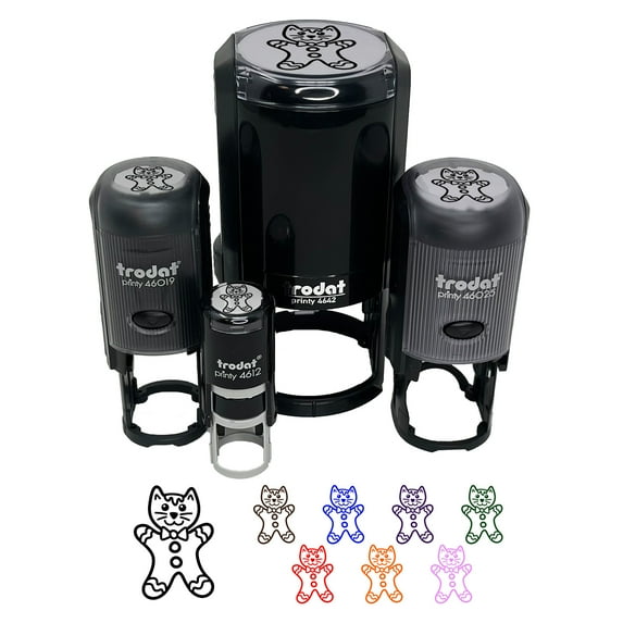 Christmas Gingerbread Cat Self-Inking Rubber Stamp Ink Stamper - Fuchsia Ink - Small 3/4 Inch