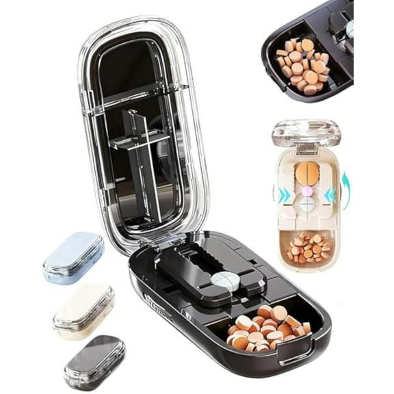 Onvarious Adjustable Pill Cutter and Splitter for Multiple Pills, Pill Splitter with Centering Device for Cutting Small Large Tiny Pills at a Time in 1/4 1/2 with Storage for Home Travel (Black)
