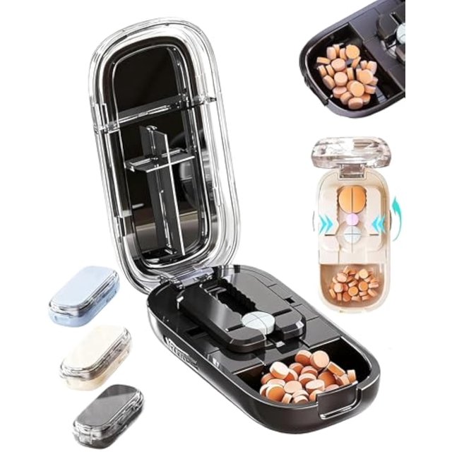 Onvarious Adjustable Pill Cutter and Splitter for Multiple Pills, Pill Splitter with Centering Device for Cutting Small Large Tiny Pills at a Time in 1/4 1/2 with Storage for Home Travel (Black)