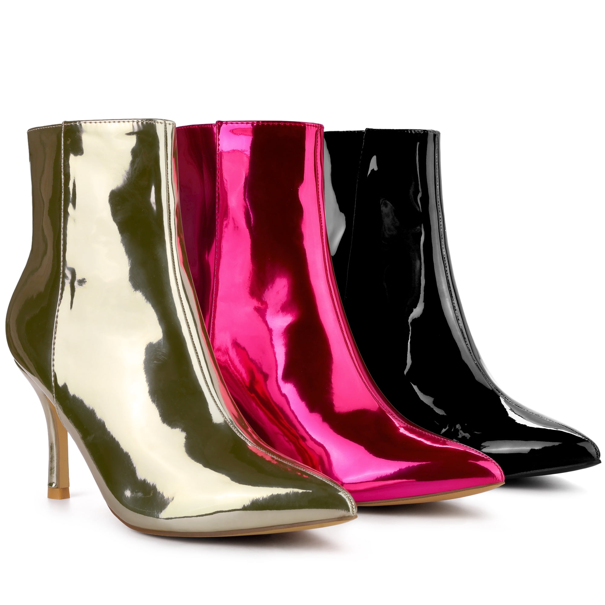 Unique Bargains Mirror Leather Pointy Toe Zipper Stiletto Heels Ankle Boots for Women Black 8