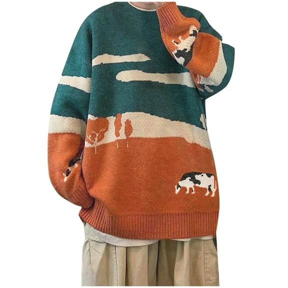eileial Men's Cow Sweater Knit Oversized Casual Knit Pullover Grandpa Graphic Crewneck Jumper Sweater,Orange L