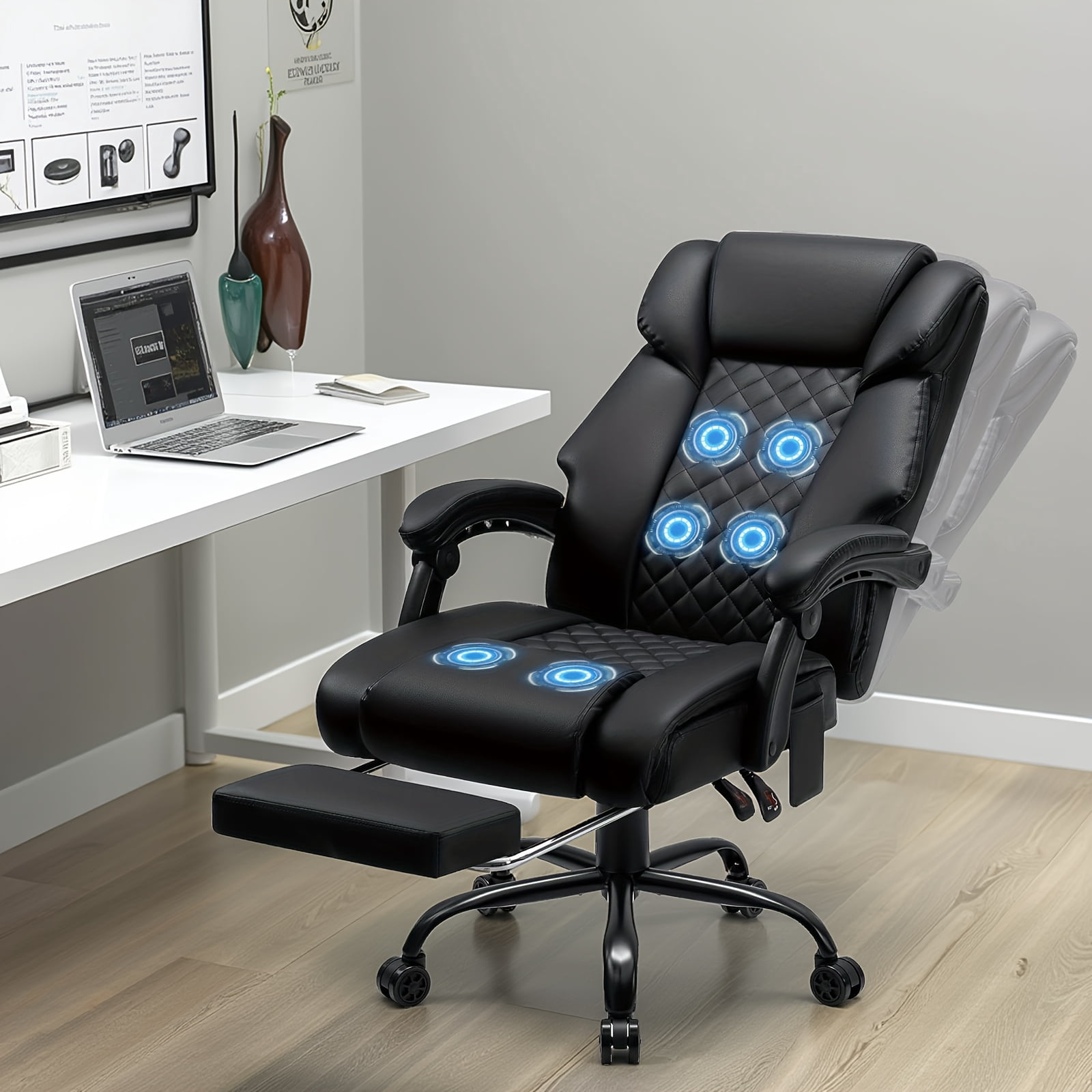 Hoffree Massage ergonomic Office Chair 400LBS, Executive Computer Desk Chair with Footrest , Reclining High Back Leather Office Chair Lumbar Back Support Swivel Rolling for Home Office Black