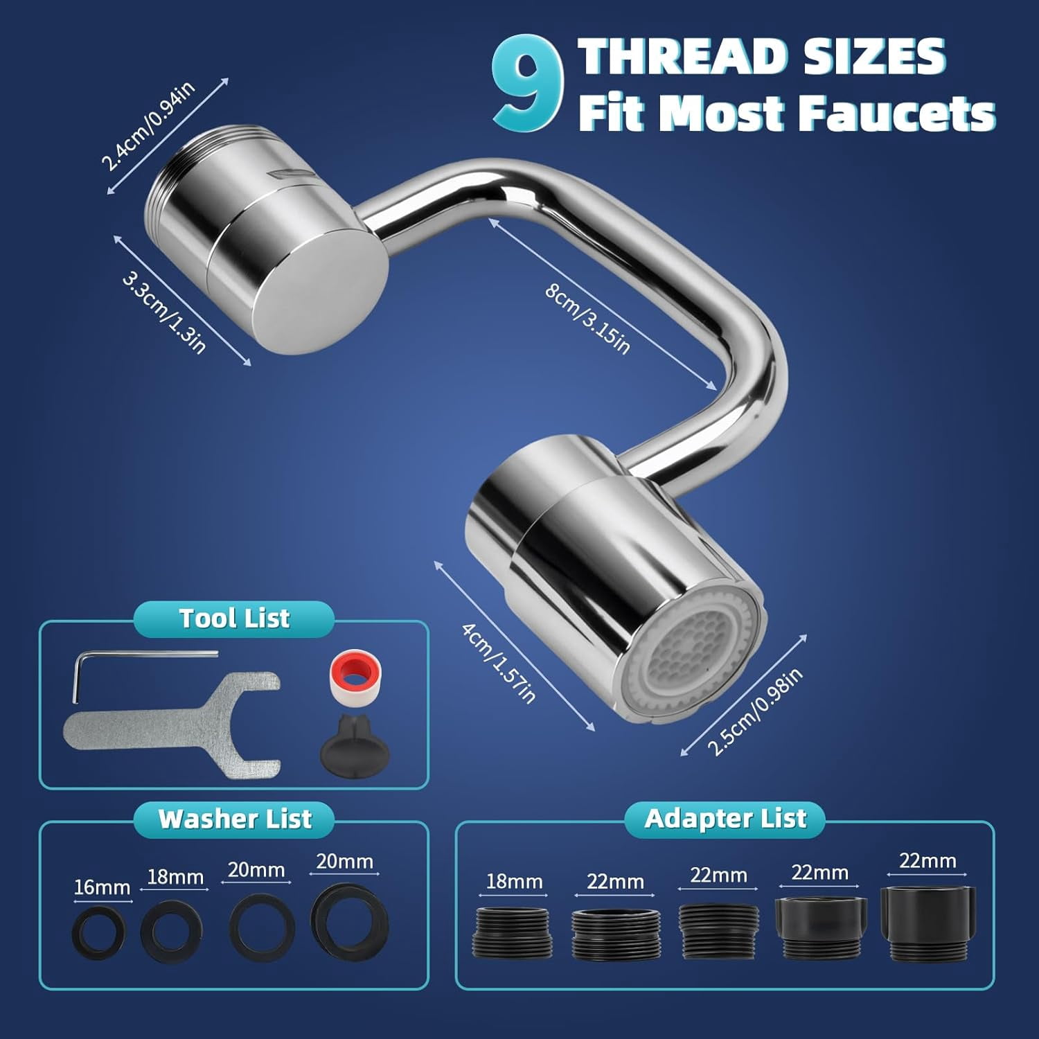 1080° U-Shaped Faucet Extender – Rotatable Faucet Aerator with 3 Adapters & Washers, Multi-Joint Swivel Aerator with 2 Spray Modes for Kitchen & Bathroom Sink, Silver
