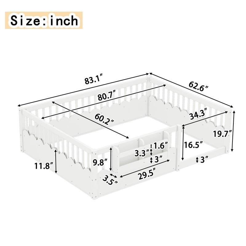 Queen Size Wood Floor Bed with Wavy Fence, Kids Platform Bed Frame with No Slat, Montessori Storage Bed with Bookshelf