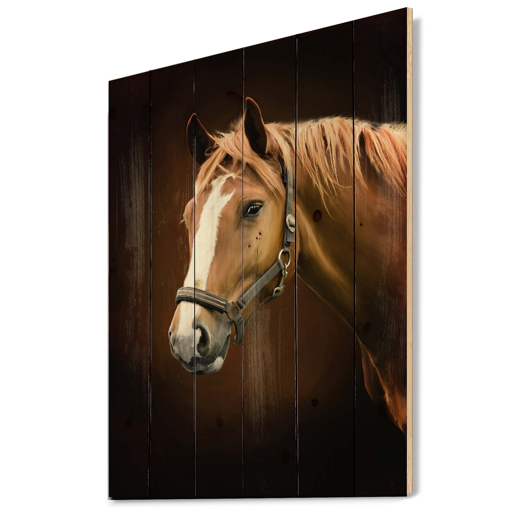 Designart 'Brown Horse With White Nose Portrait' Farmhouse Print on Natural Pine Wood