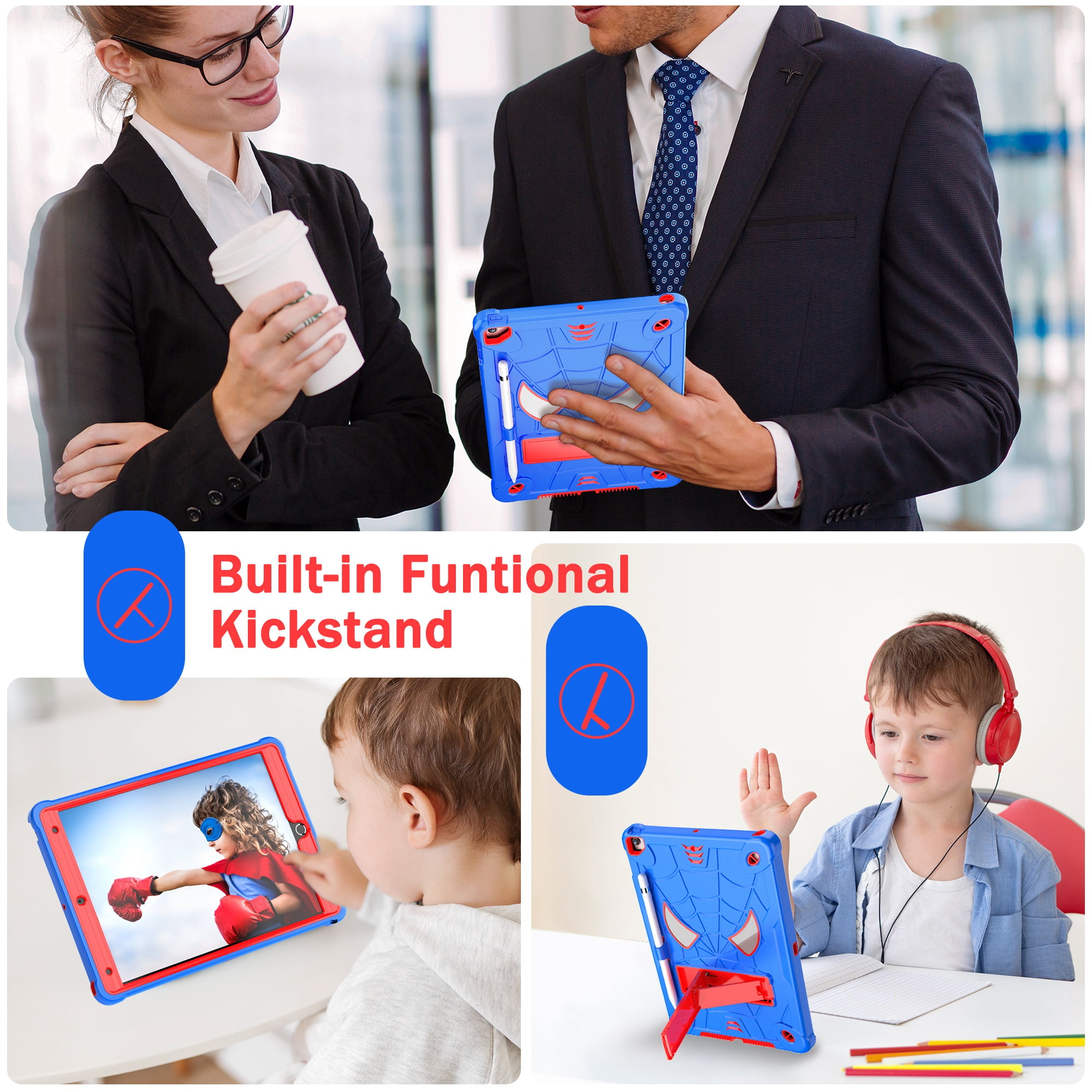 ELEHOLD Kids Case for iPad 9th/8th/7th Gen 10.2" 2021/2020/2019, Heavy Duty Rugged Cover with Foldable Kickstand Crossbody Shoulder Strap Pencil Holder Shockproof Case for iPad 10.2",Blue+Red