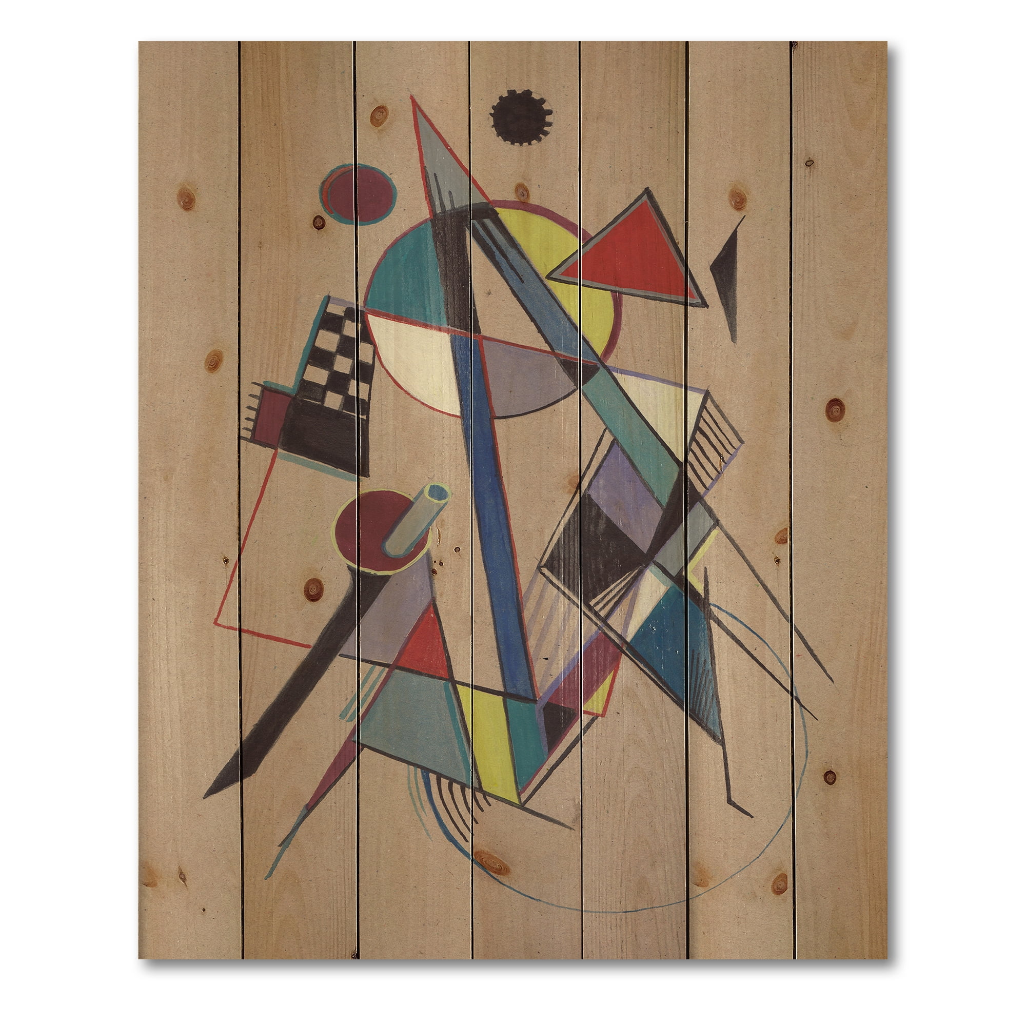 Designart 'Abstract Compositions Of Colored Geometric III' Modern Print on Natural Pine Wood