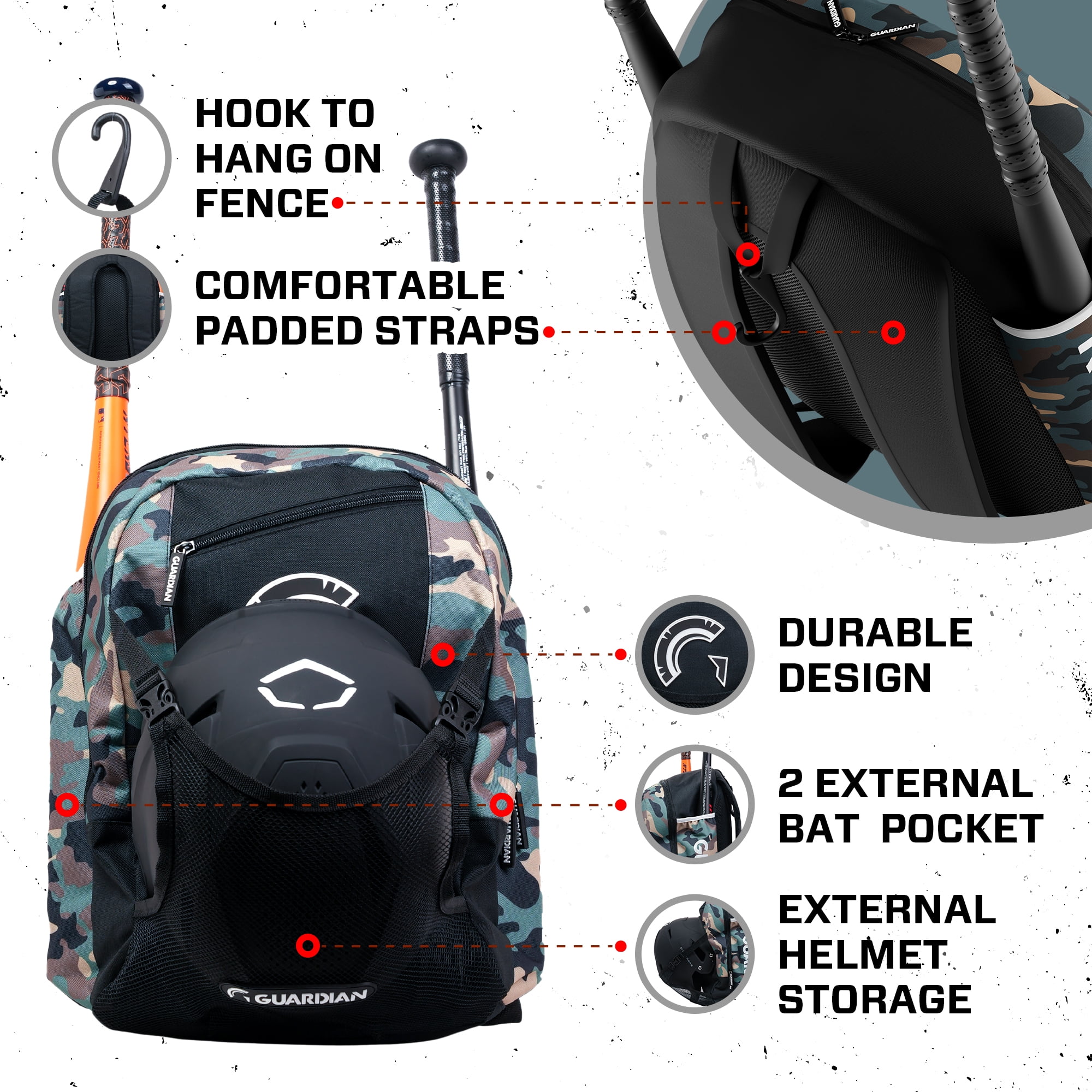 Guardian Baseball Backpack for Youth, Softball Bag for Girls, Durable Bat Bags Baseball Youth Boys and Girls, TBall Bag – Includes Hook to Hang on Fence - Army Camo