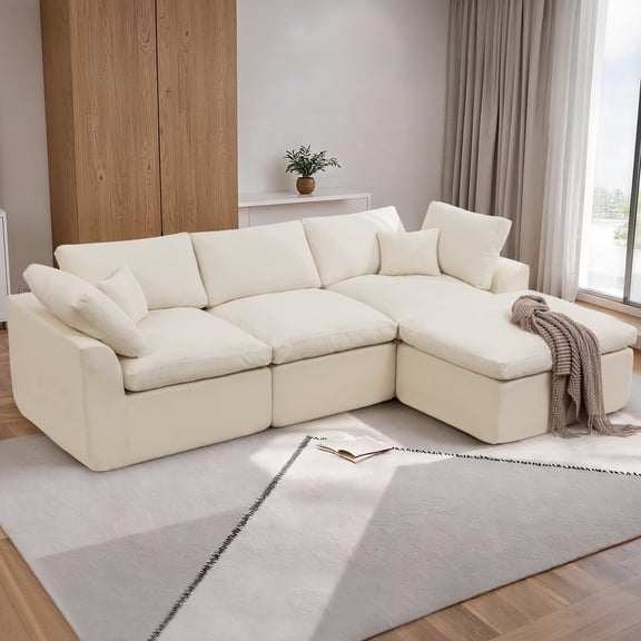 GEEYOO 112" Modular Sectional Sofa L-Shaped Cloud Couch with Deep Seats Boneless Sofa Couch with Ottoman Chenille for Living Room, No Assembly Needed,Beige
