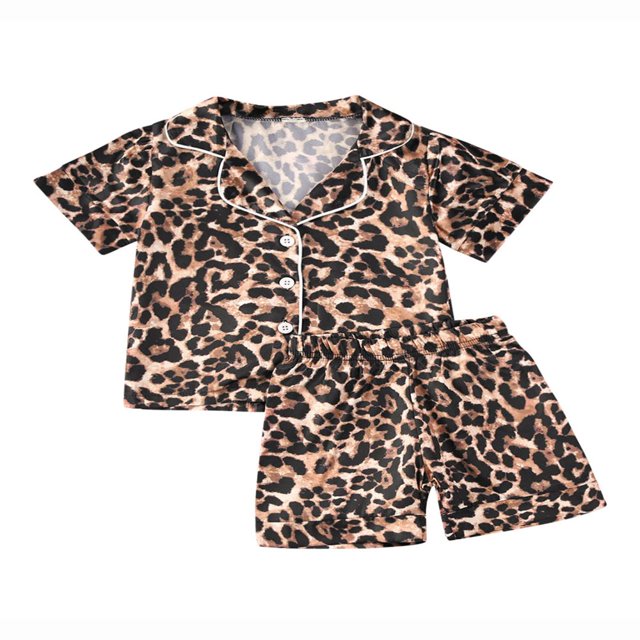 Boys Girls Pajamas Set Leopard Print Long/Short Sleeve Tops Trousers