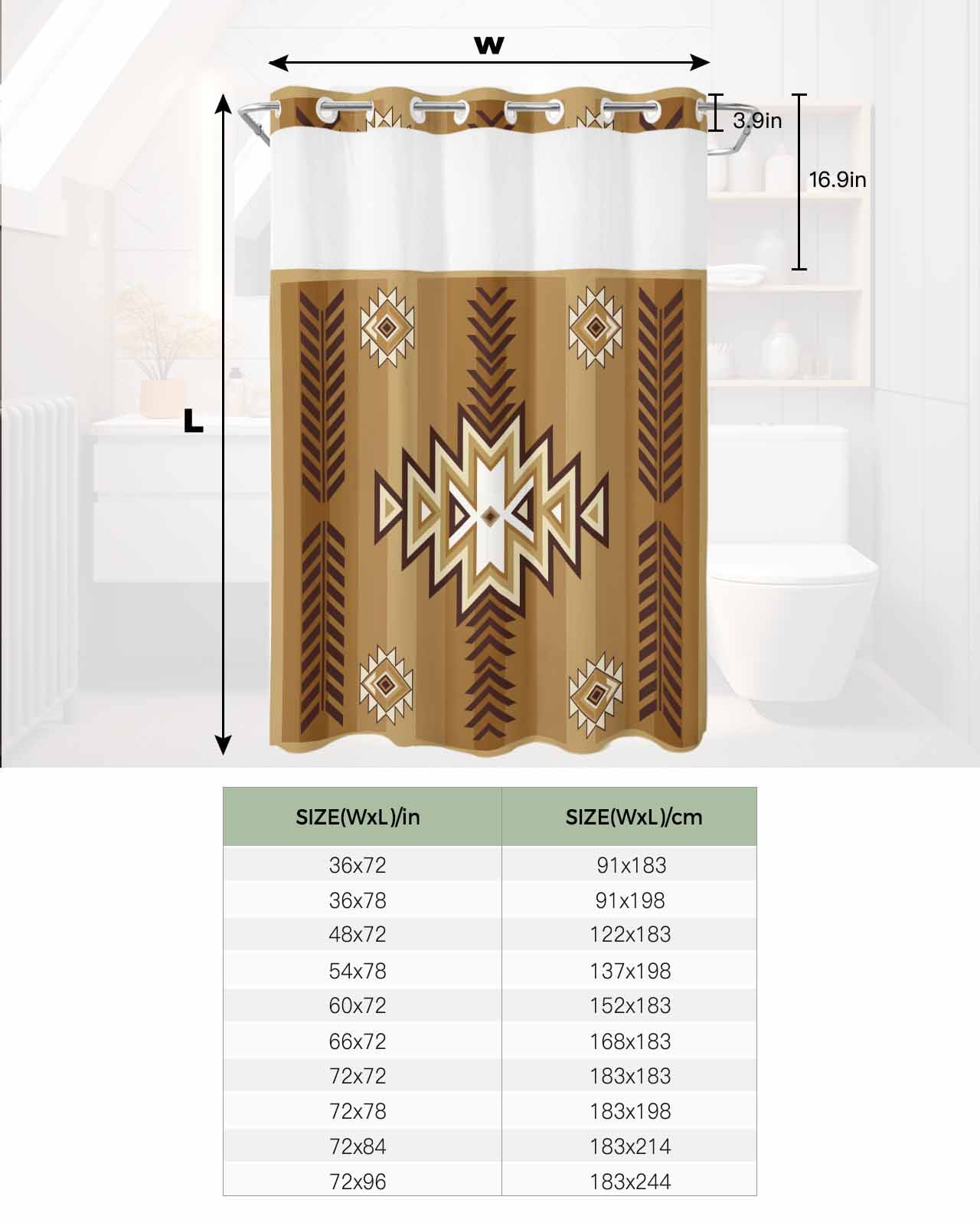 No Hook Shower Curtain with Snap in Liner, Boho Moroccan Brown Gradient Striped Geometric Hotel Shower Curtains for Bathroom, Washable Shower Curtain Liner Set with Mesh Top Window, 72”x78”