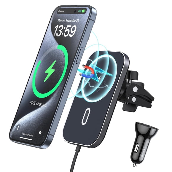 Cargador de coche inalámbrico magnético Mukiya para iPhone con adaptador