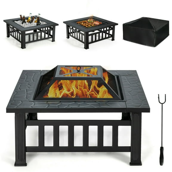 Gymax 32'' 3 in 1 Outdoor Square Fire Pit Table W/ BBQ Grill Rain Cover for Camping
