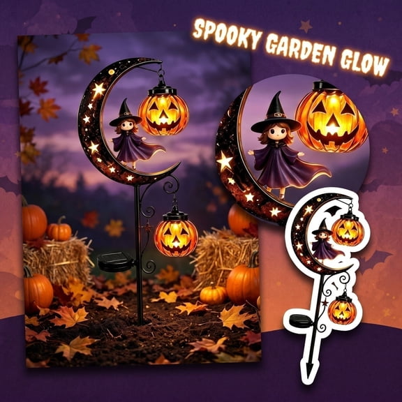 Halloween Solar Garden Stake Light, Witch on Crescent Moon with Hanging Pumpkin Lantern, Spooky Glow Outdoor Halloween Decoration for Lawn, Patio, Garden Pathway