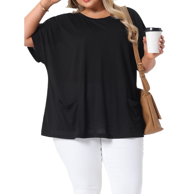 Blusa Casual de Talla Grande para Mujer Agnes Orinda, Cuello Redondo, Manga Corta, Sólida, Verano, con Bolsillos, 2X Negro