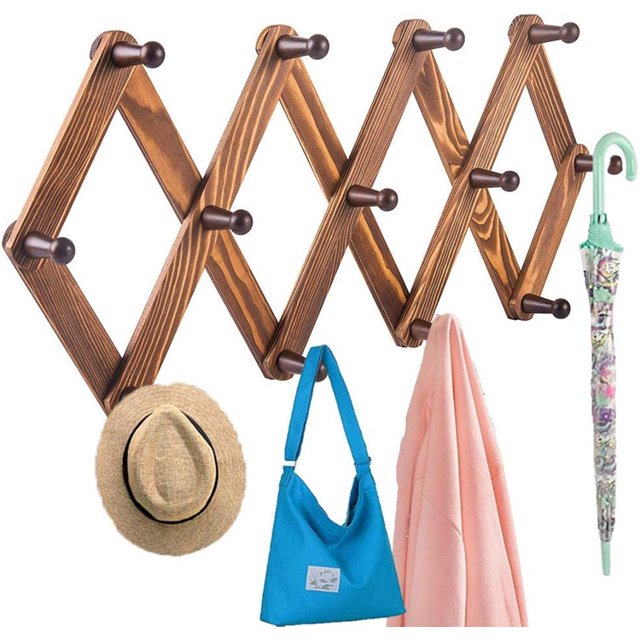 Perchero de clavijas extensible de madera vintage: colgadores de pared de acordeón multiusos con 13 ganchos para sombreros, abrigos, tazas, bufandas, almacenamiento de joyas