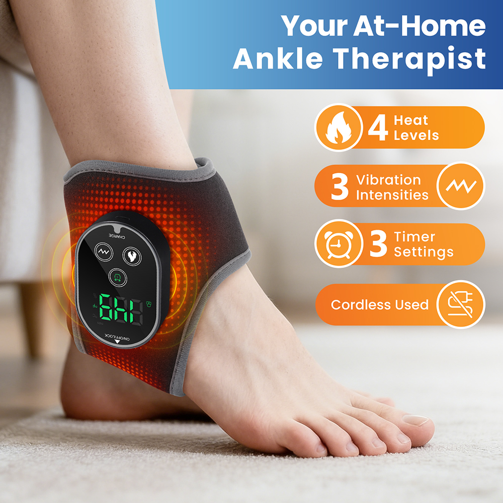 Ankle Heated Wrap Cordless, Foot Heated Brace, Ankle Heating Pad with 4 Heat Levels, 3 Vibration & Timing Modes, 3000mAh Battery, Ankle Massager with Heat for Ankle Tension, Gray 1pc