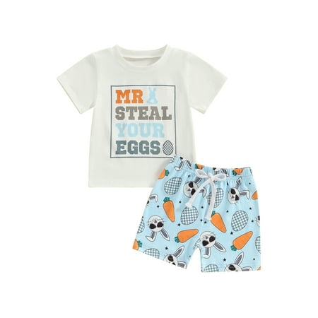 

Qtinghua Infant Toddler Baby Boys Easter Outfits Letter Print Short Sleeve T-Shirt and Elastic Shorts Clothes