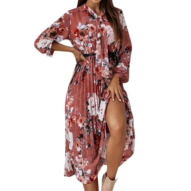 Vestido largo plisado con estampado floral de fiesta de vacaciones de manga larga con estampado casual para mujer Fridja nalpqowj4921