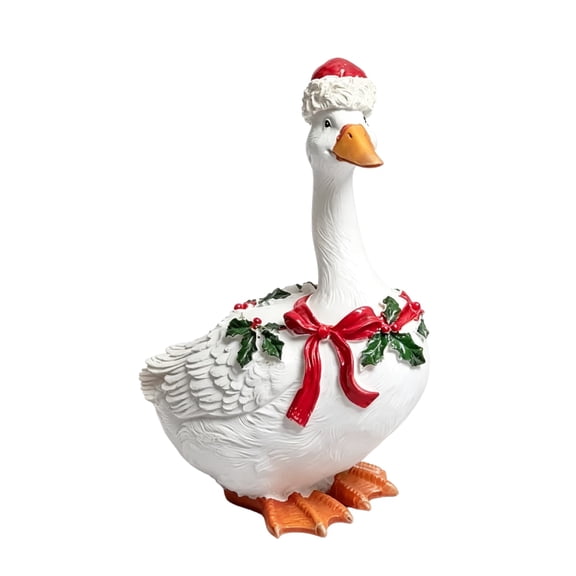 Christmas Duck Statue, Cute Tabletop Decor with Holly Wreath, 8'' Large Vintage Cottagecore Christmas Figurines