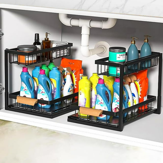 Organizador Debajo del Fregadero de 2 Niveles, Prueba de Óxido Organizadores de Gabinetes Deslizantes en Forma de L, Organizador de Fregadero Multiusos para Cajón de Cocina y Baño, 2 Pack