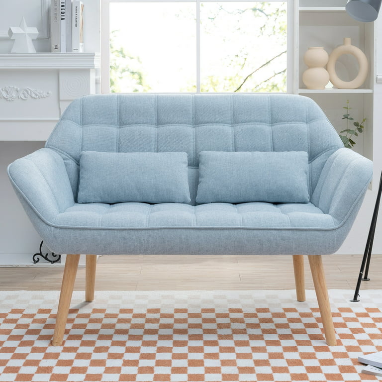50 Loveseat Sofa, Mid Century Linen Fabric 2-Seat Sofa Couch with Back  Cushions and Tapered Wood Legs, Upholstered Small Sofa with 2 Pillows for  Living Room, Bedroom, Small Space, Blue 