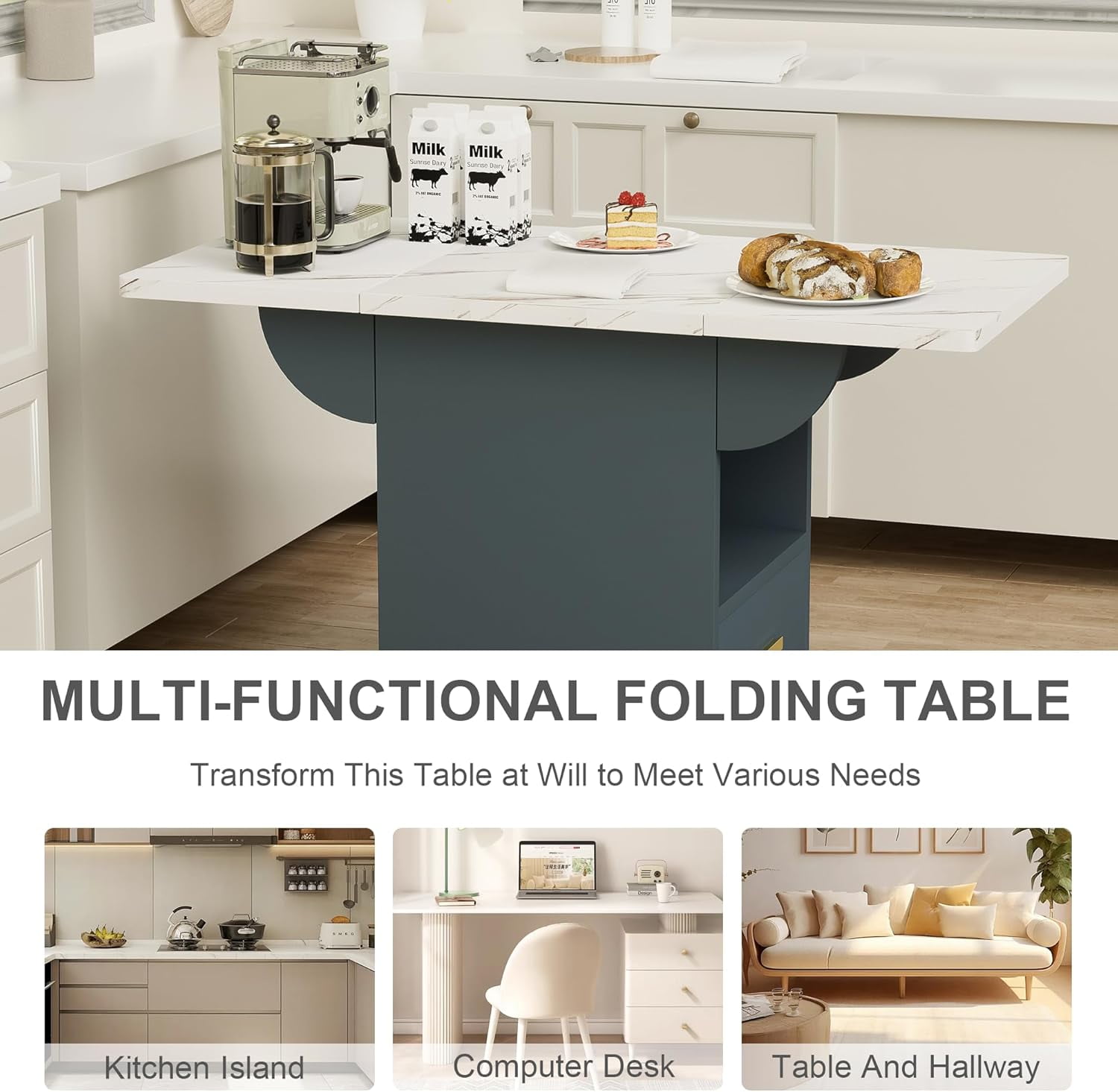 Montary 39.4" Wood Folding Dining Table with 4 Wheels, Multipurpose Foldable Dining Table with Storage Rack and 1 Drawers, Movable Kitchen End Table Extendable Table for Small Spaces