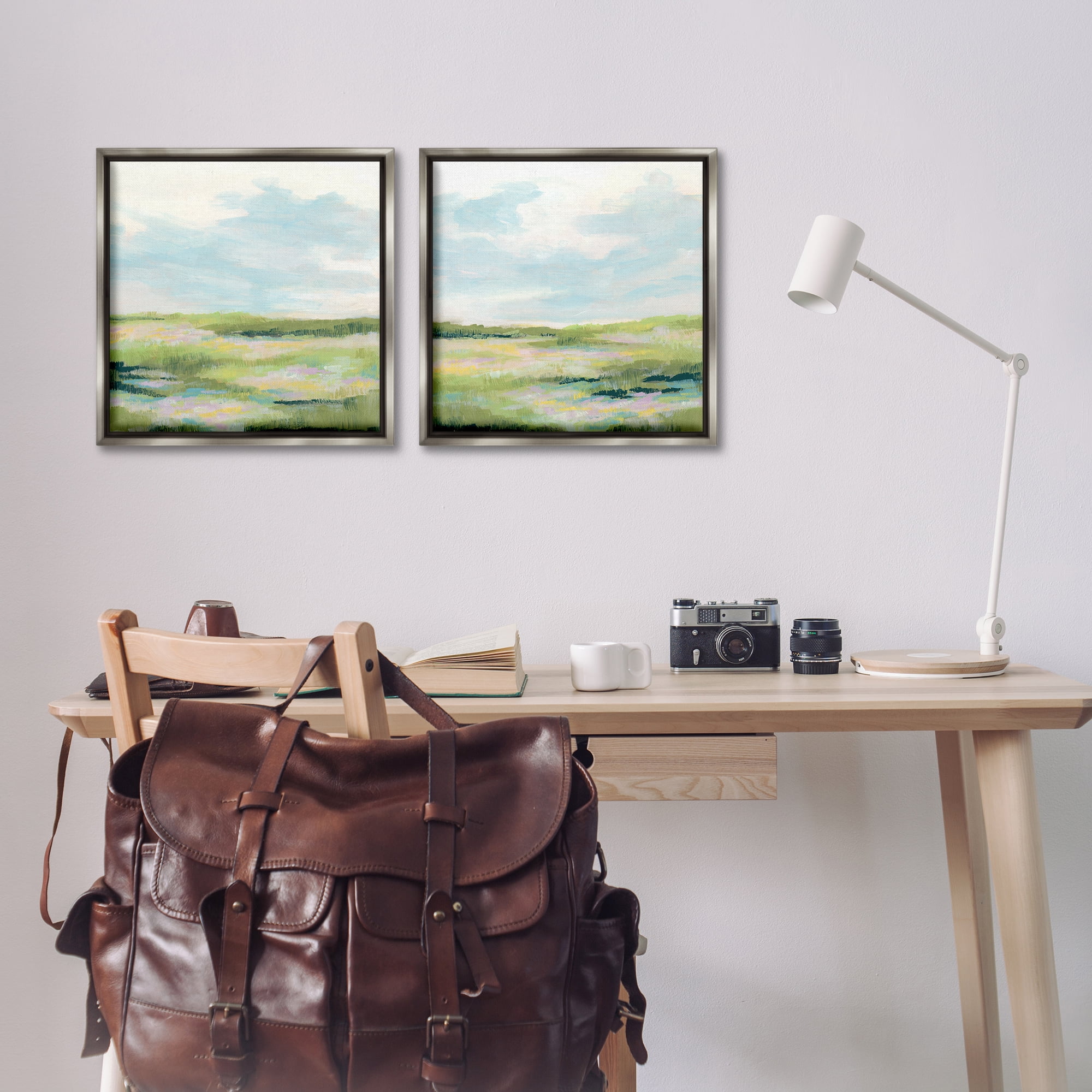 Stupell Industries Pastel Meadow under Blue Sky Landscape & Nature Painting Gray Floater Framed Canvas Art Print Wall Art, 18 x 18, Set of 2