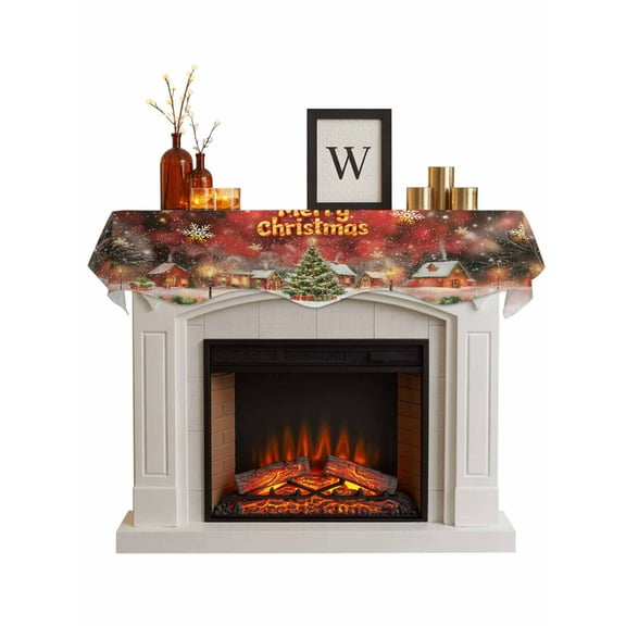 Red Green Christmas Fireplace Mantle Scarf, Winter Snowflakes Xmas Trees Village Mantel Cover Table Runner for Home Living Room Door Window, Indoor Outdoor Holiday Party Decor 17" x 70"