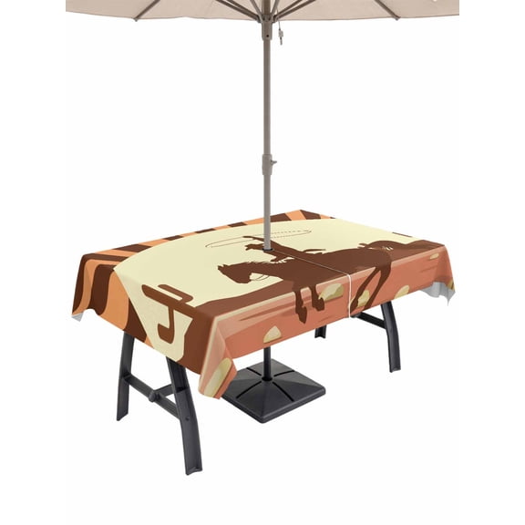 Outdoor Tablecloths with Umbrella Hole & Zipper, Brown Vintage Western 54x80 Inch Tablecloth Rectangle, Horse Cactus Retro Art Waterproof Table Cloth, Patio/Pool/Picnic Table Covers