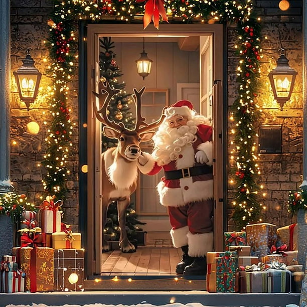 Cortinas para puertas, adornos navideños, decoración navideña, cortina para puertas, cubierta para puertas, diseño de escena navideña, fondo, adornos navideños, decoraciones navideñas para exteriores,