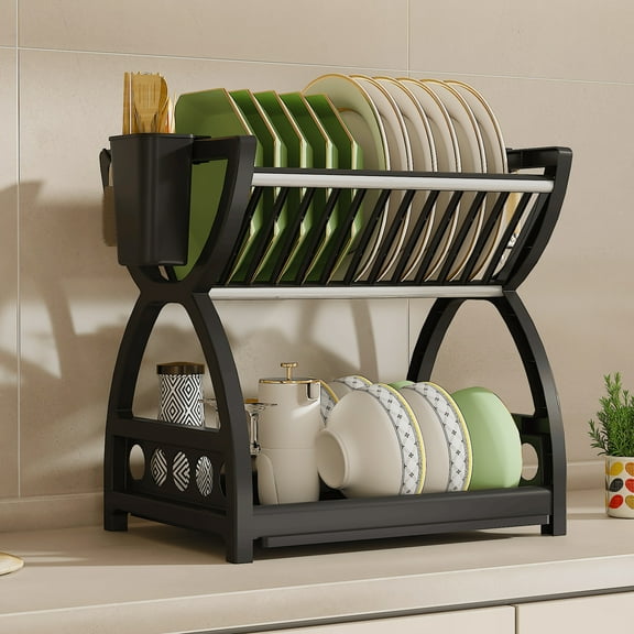 Djiypn Plastic Flat Dish Drying Rack, 2-Tier, Dish Drying Rack with Drainboard, Dish Drainer with Hooks and Utensil Holder for Kitchen Counter, Black