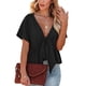 thumbnail image 1 of Blusa holgada con escote en V, mangas cortas y lazo en la parte delantera para fiestas, talla XXL, color negro, con dobladillo con volantes, 1 of 6