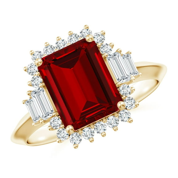 ANGARA Emerald-Cut Lab Grown 3 Ct Ruby Halo Engagement Ring for Women in 14K Yellow Gold (Size-9x7mm) | July Birthstone, Birthday, Anniversary, Jewelry Gift for Women | Lab-Grown Ruby Ring
