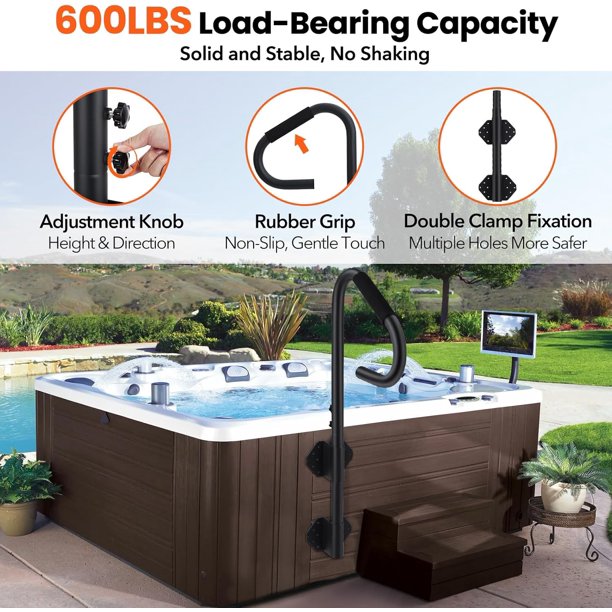 Historyli Pasamanos para jacuzzi de 122 cm, giratorio 360°, altura ajustable, base deslizable y agarre antideslizante para interiores y exteriores, capacidad de 272 kg, color negro