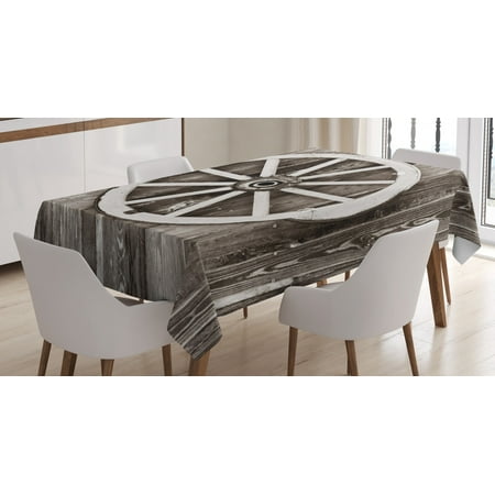 Wood Blocks And Wagon Barn Wood Wagon Wheel Tablecloth, Retro Wheel on Timber Wall Barn House Village Cart Circle, Rectangular Table Cover for Dining Room Kitchen, 60 X 84 Inches, Dark Brown and White, by Ambesonne ()