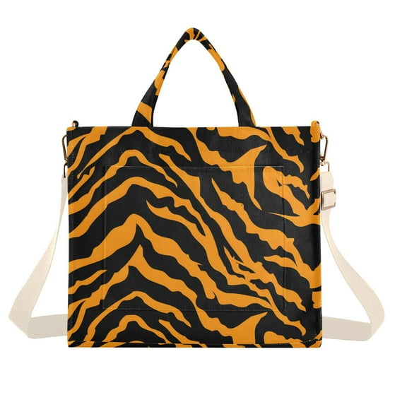 Tiger Print Background Corduroy Tote Bag Handbag Large Messenger Bag Shoulder Crossbody Zipper Bag Purse