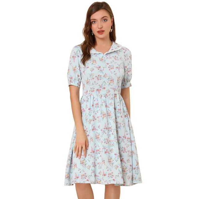 Vestido floral de gasa midi evasé con cuello Peter Pan para mujer Azul S