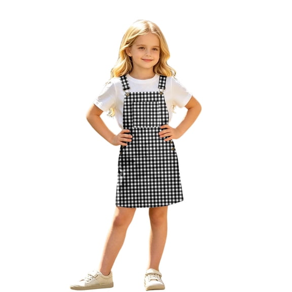 Bainana Kids Girls Sleeveless Plaid Printed Overalls Dress With Pocket Comfortable Casual Child Suspender Dress For Outdoor Play Size 4-5 Years Black