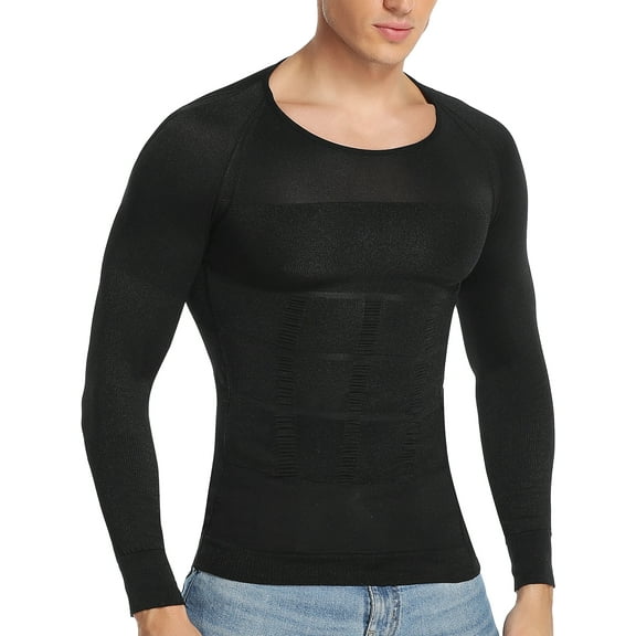 QRIC 2 Pack: Mens Compression Shirt Body Shaper Workout Top Slimming Shapewear Shirt Abs Abdomen Undershirts Long Sleeve