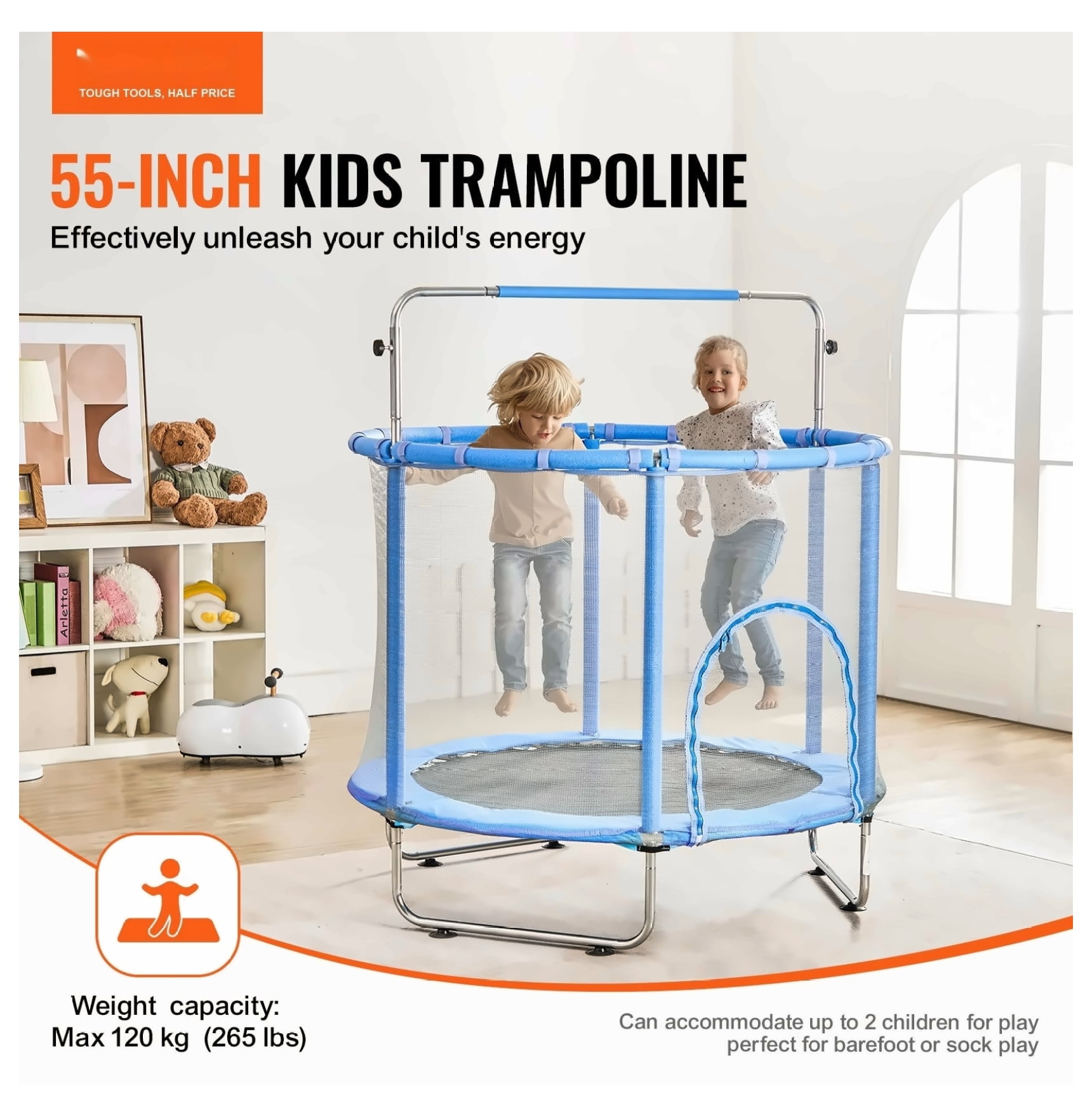 55" Kids Trampoline with Net & Enclosure - Mini Toddler Trampoline for Indoor Outdoor Use, Adjustable Height, Basketball Hoop & Swing - for Ages 3-12