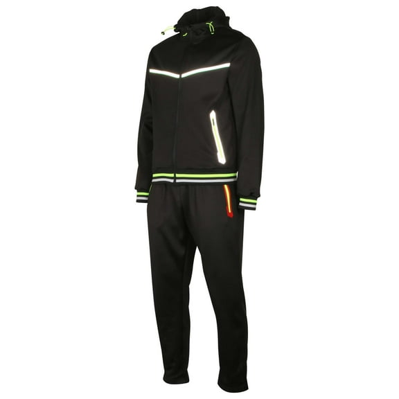 9 Crowns Unique Two Piece Jacket Hoodie Jogger and Pant Tracksuit Set (Black/Green Tape, Small)