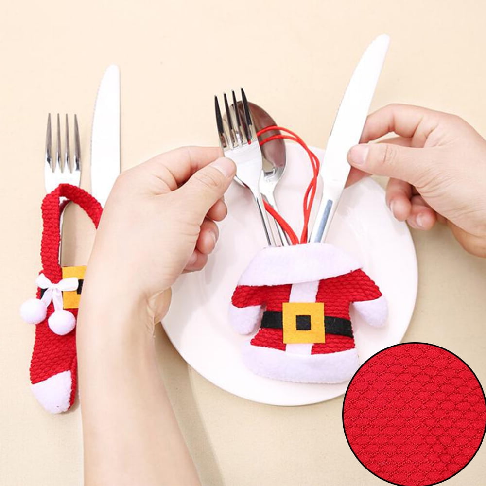2X Xmas Cutlery Tableware Spoon Fork Set Bag Santa Suit Holder Pockets Decor New 