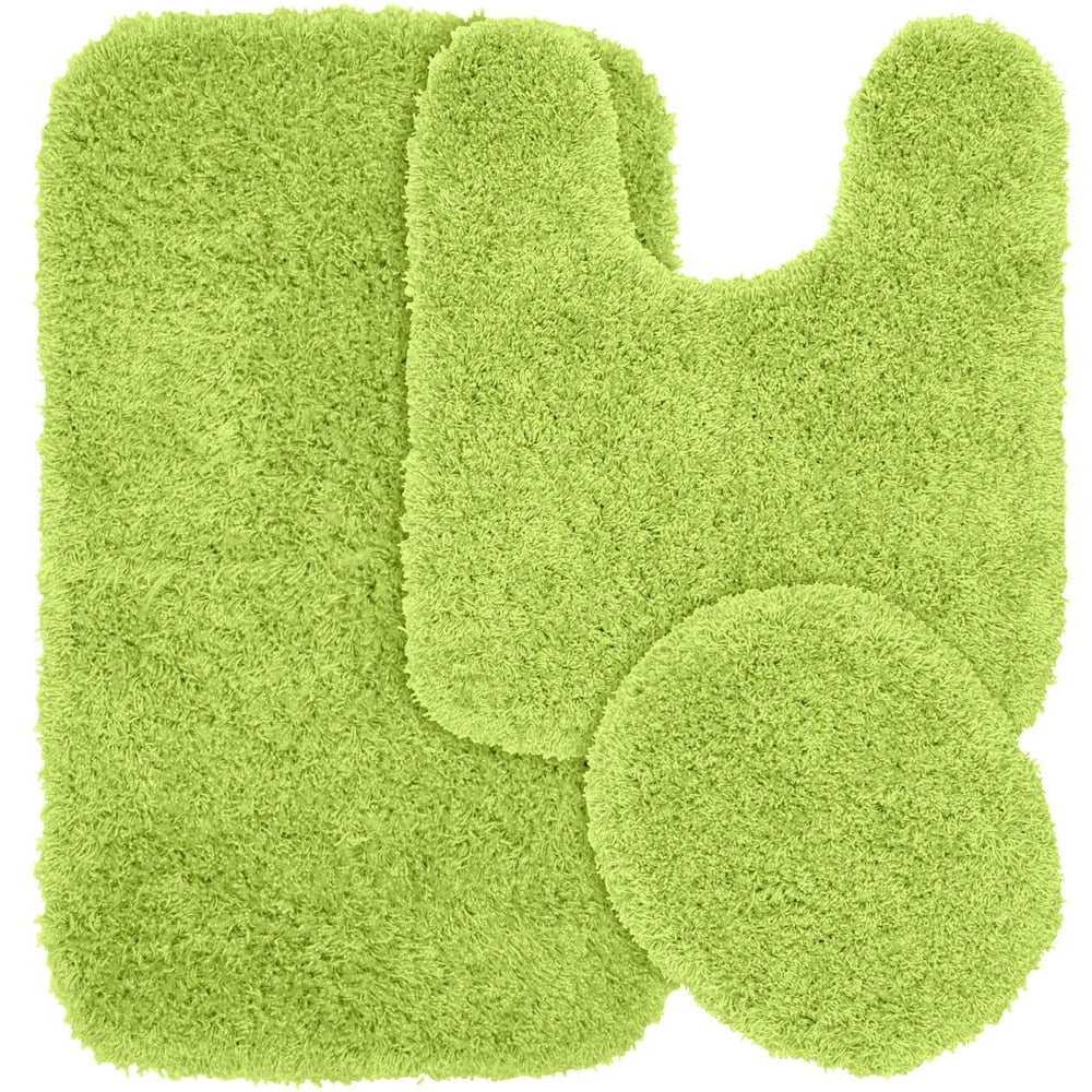 3 Piece Jazz Shaggy Nylon Washable Bathroom Rug Set, Lime Green