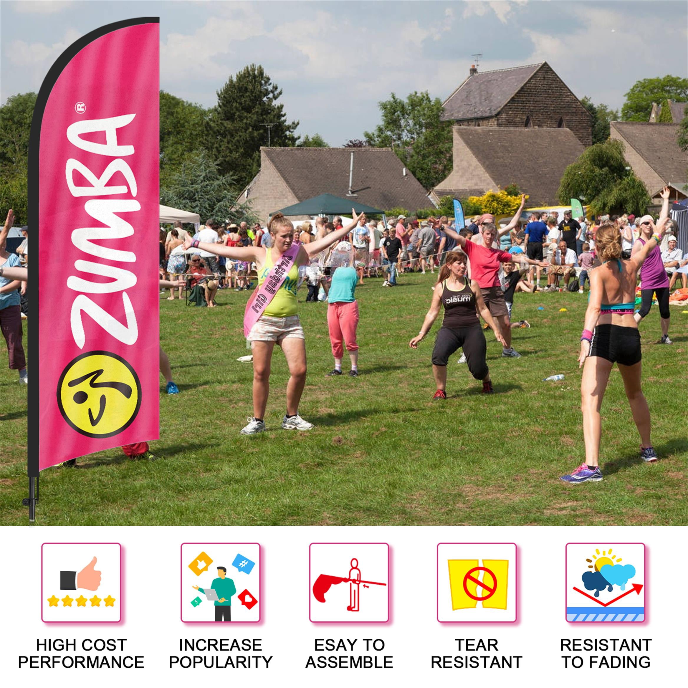 QSUM Zumba Feather Flag with Flag Pole Kit and Ground Spike, 8.2FT Zumba Windless Flag Banner Sign Business for Outdoor Advertising Sign Decoration Display