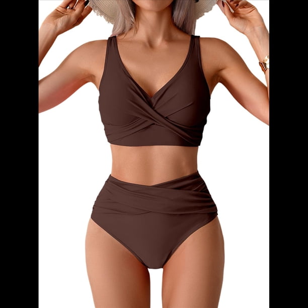 Conjunto de Bikini con Falda de Baño para Mujer, Color Café, Talla L