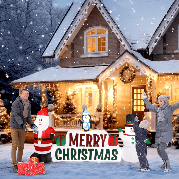 Alvantor 9.8 Ft Wide Lighted Santa and Snowman Christmas Inflatable with Merry Christmas Sign