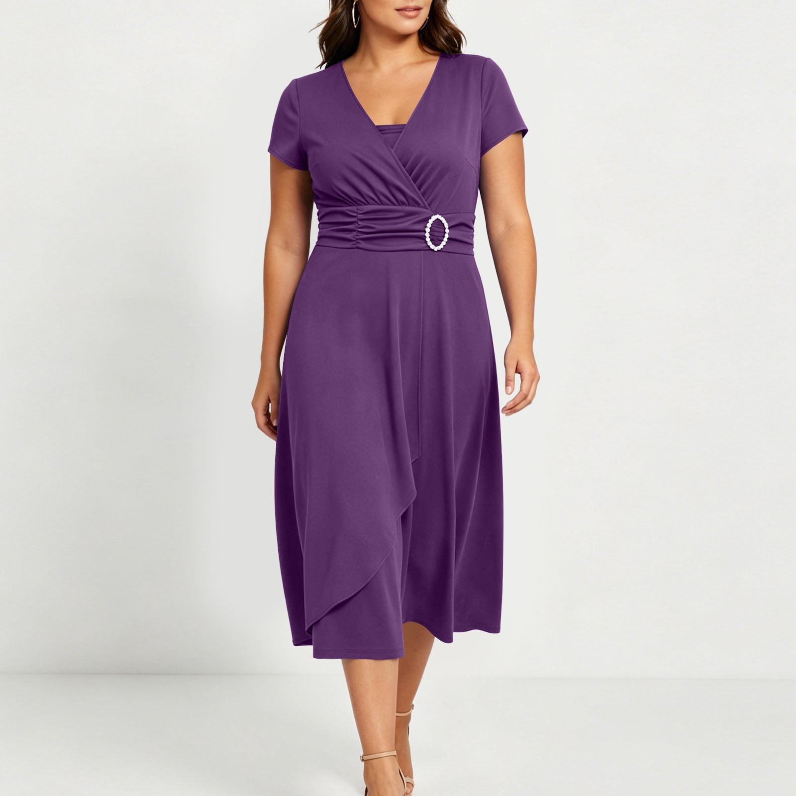 plus size purple cocktail dress Hinvhai Women's V Neck Short Sleeve Midi Dress, High Waist Flared A-Line Solid Vintage Swing formal L(l), Size: Large Cocktail attire Color:Black Linen work dress MODERN FILIPINIANA ATTIRE - Turn heads at your